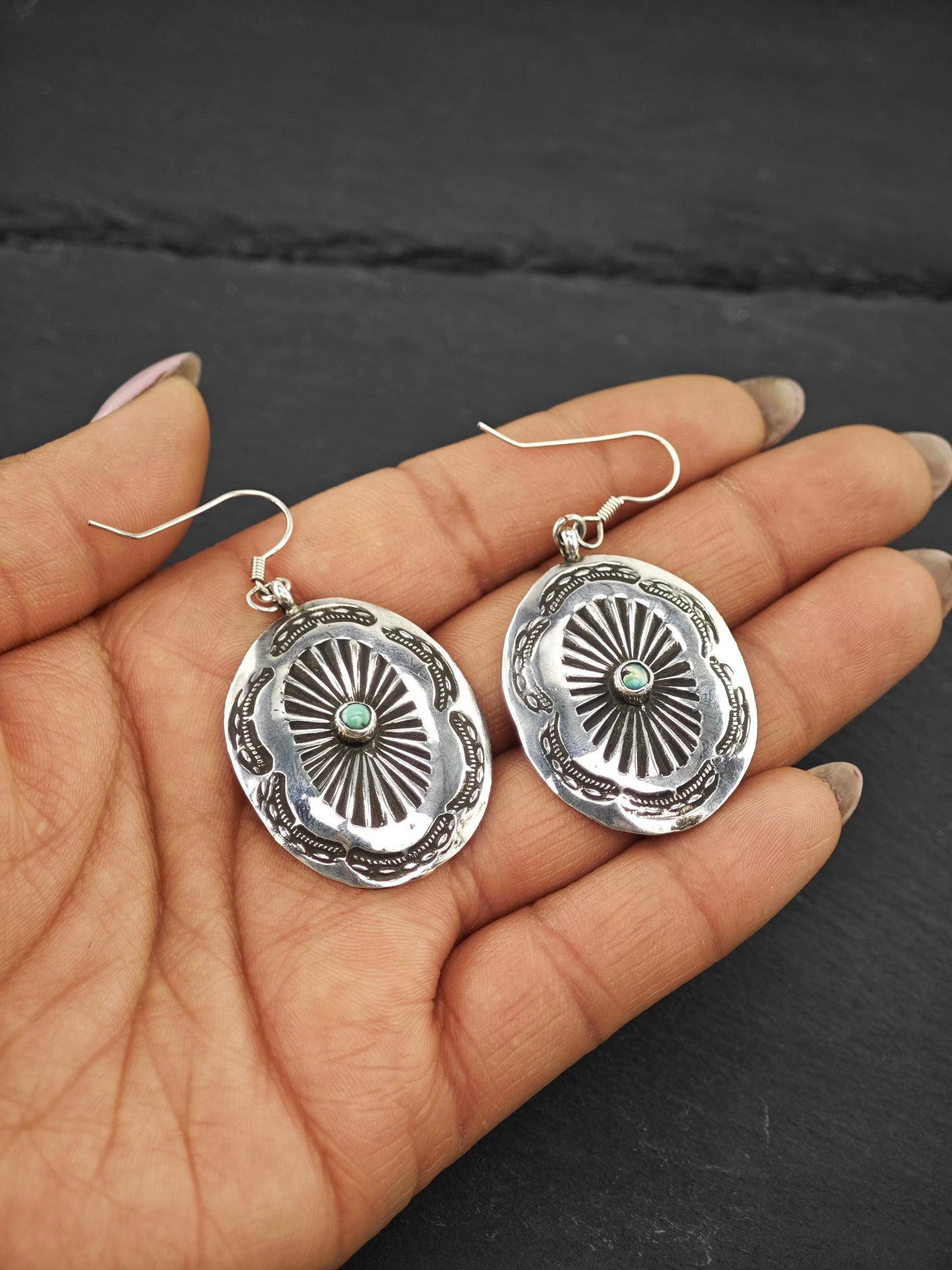 Native American Shield, Stamped Fish Hook Earrings Sterling Silver