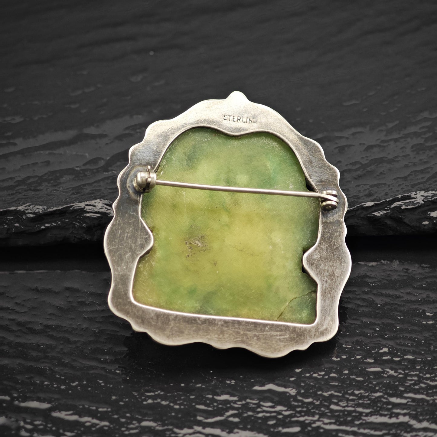 Vintage Green Tribal Mask Brooch Carved Jade Onyx in Sterling Silver