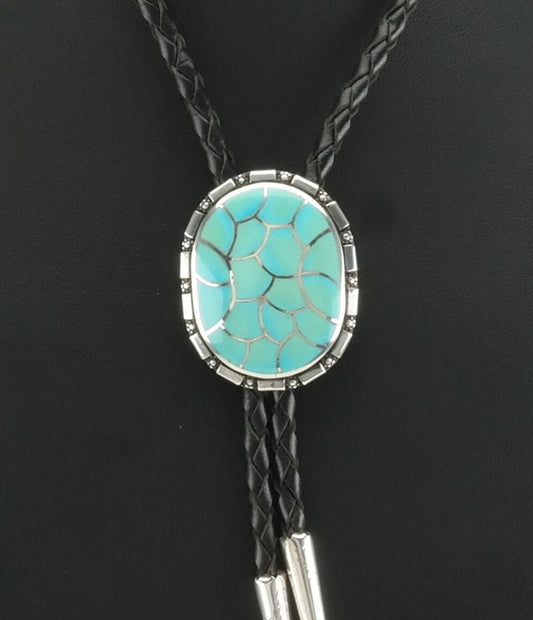 Zuni Turquoise Fish Scale Inlay Bolo Tie Native American Sterling Silver Blue Necklace