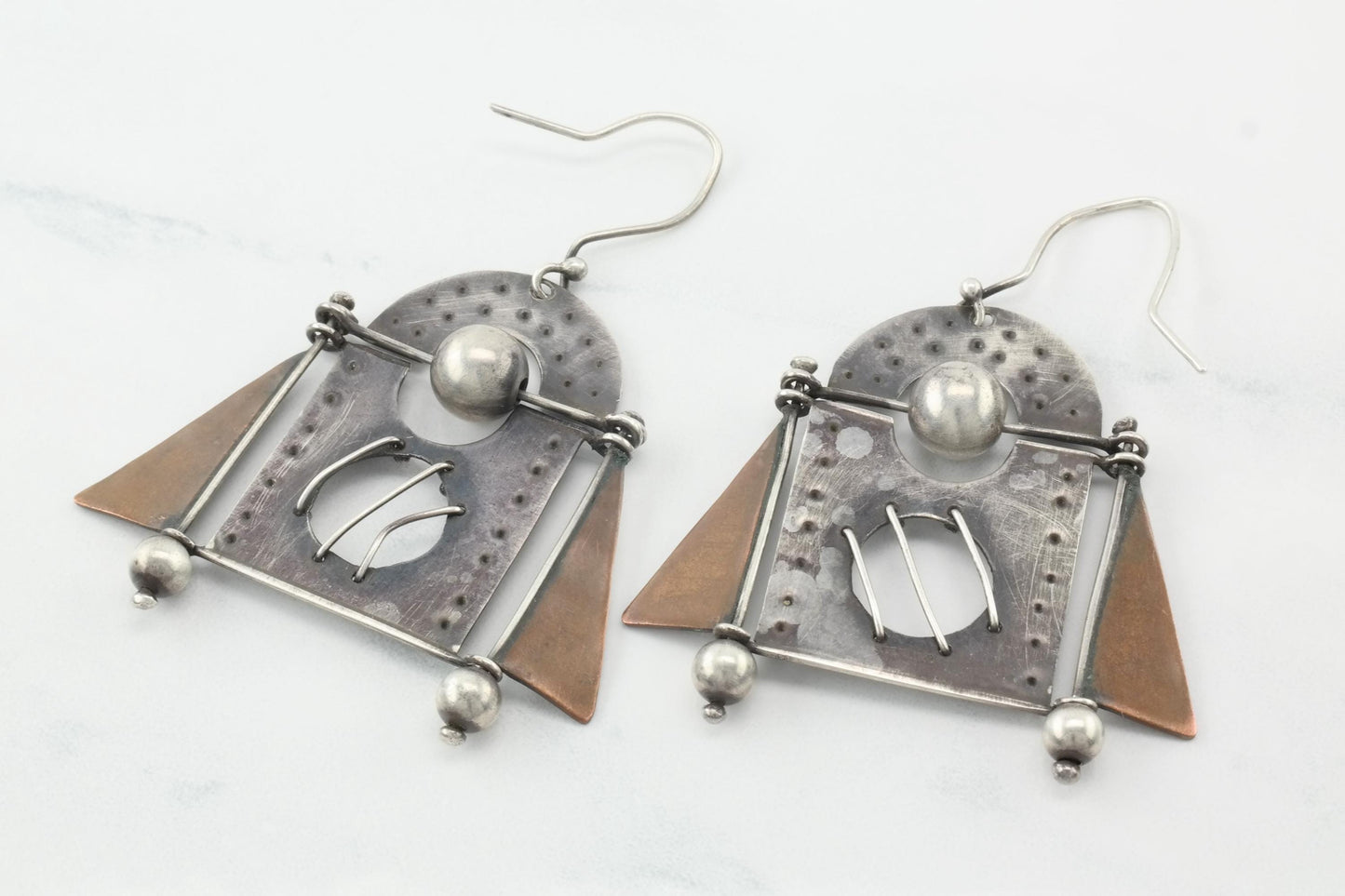 Vintage Sterling Silver Fish Hook Earrings Abstract Copper Abstract