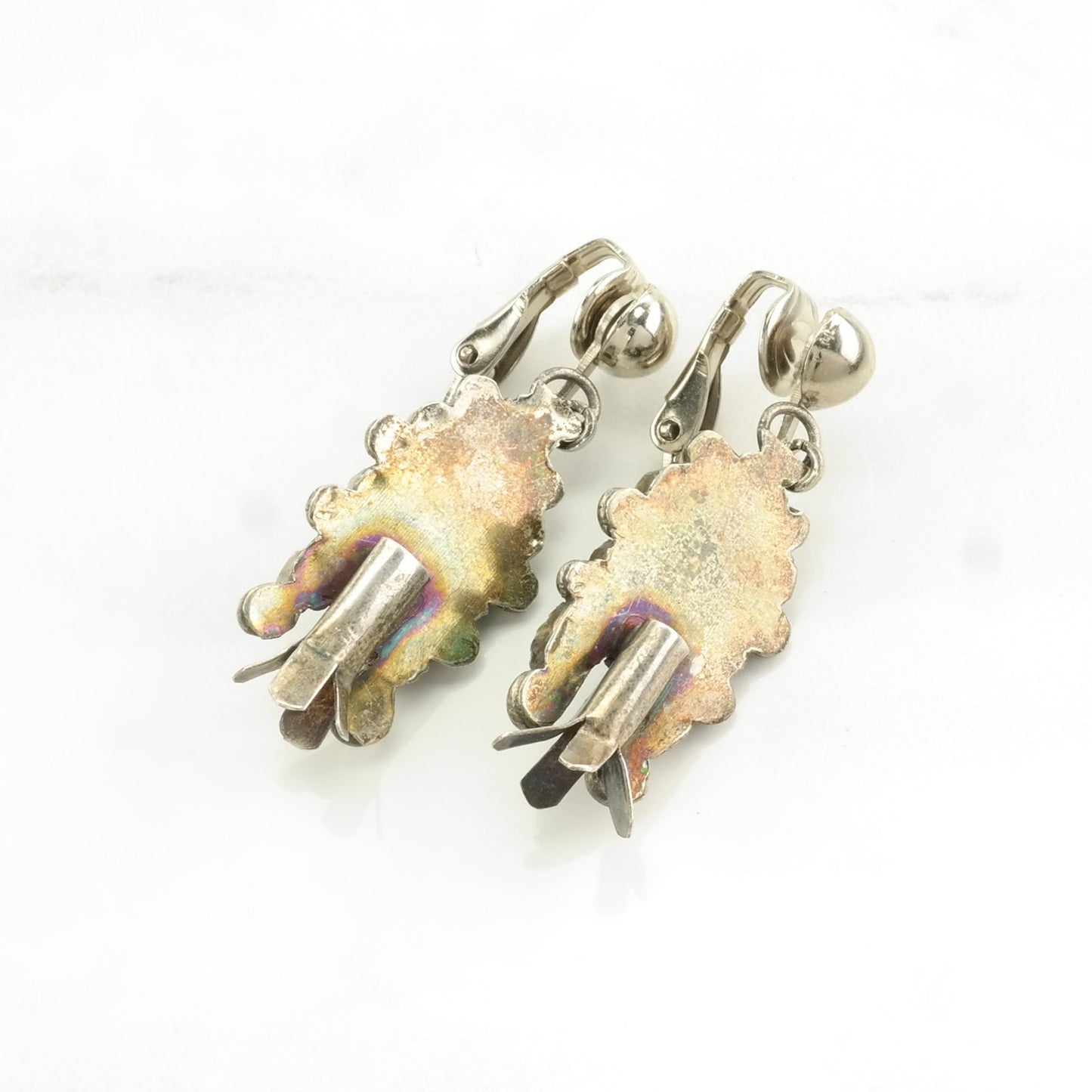 Zuni, Native American Turquoise, Cluster Squash Blossom Sterling Silver Clip On Earrings Blue