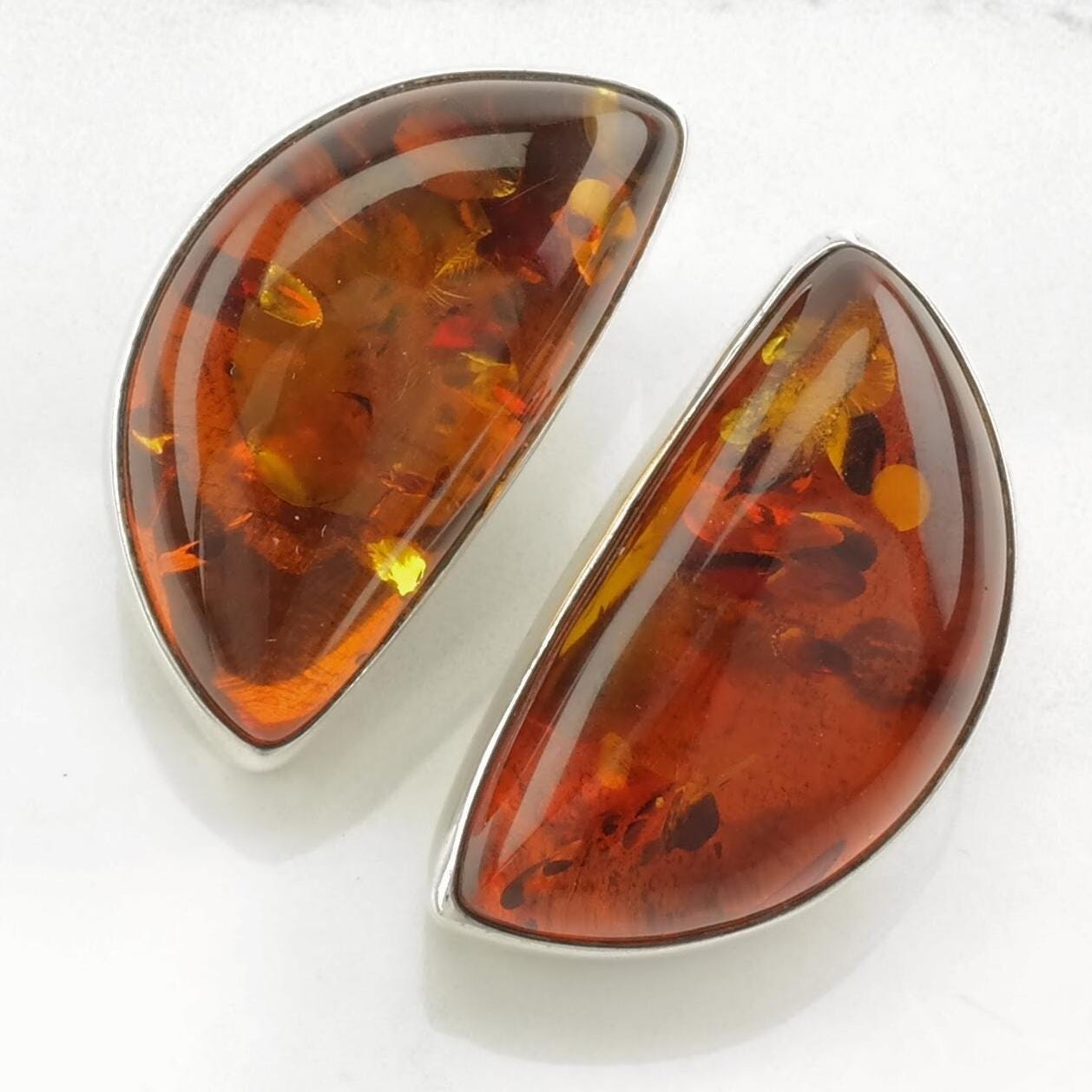 Vintage Sterling Silver Clip On Earrings Lori Bonn Orange Amber Modernist