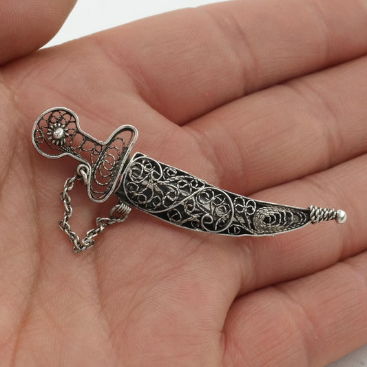 Vintage Sterling Silver Sword Brooch with Filigree