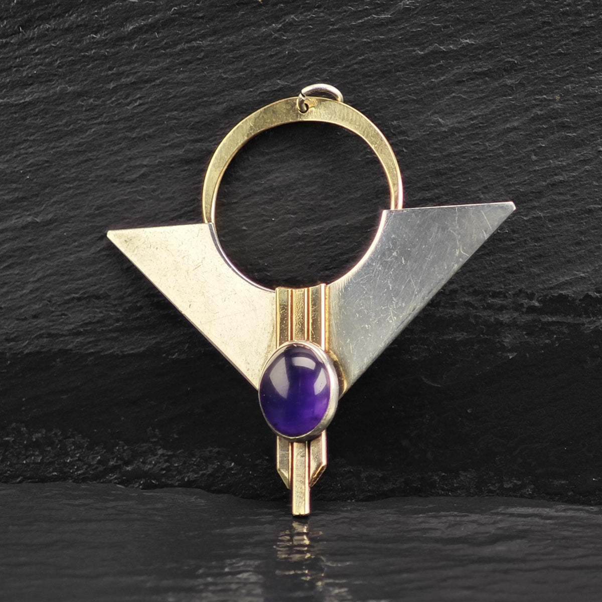 Modernist Amethyst Gold Accent Triangular Sterling Silver Pendant P3119