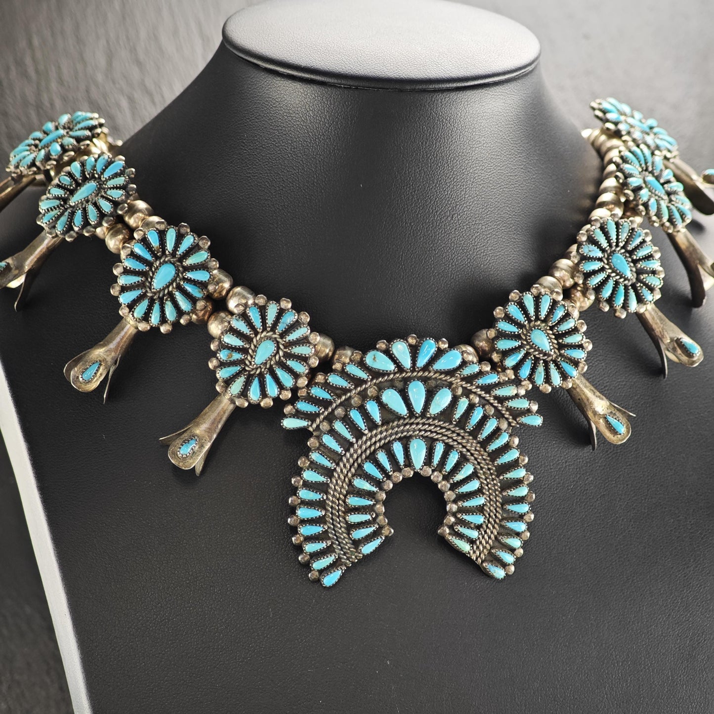 Vintage Navajo, Turquoise Floral Sterling Silver Squash Blossom Necklace