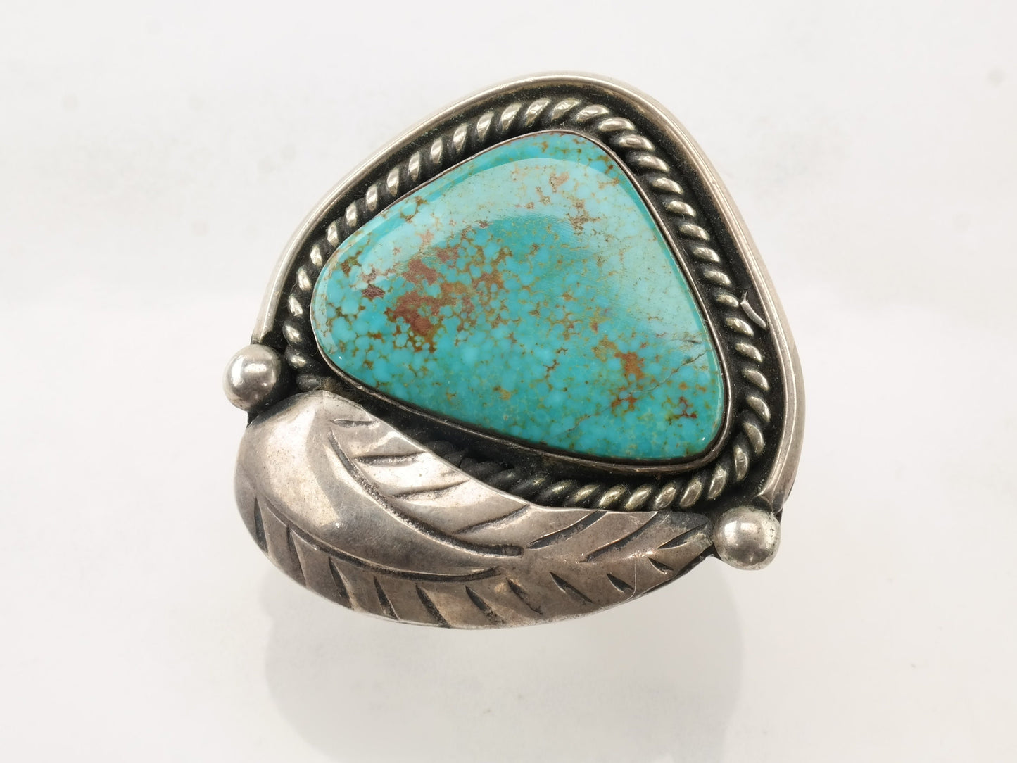 Vintage Sterling Silver Ring Spiderweb Turquoise Leaf Size 8