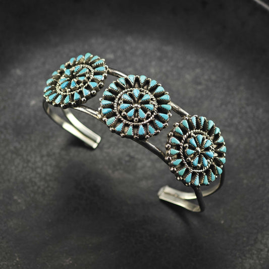 Vintage Zuni Native American Needlepoint Turquoise Sterling Silver Cuff Bracelet Sz 6 3/4" BR3168