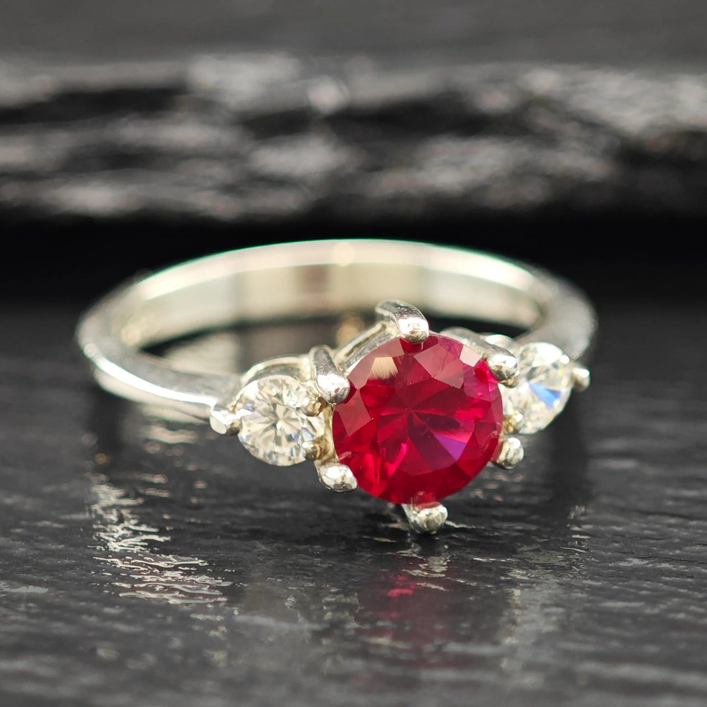 Sterling Silver Ring Lab Ruby Center Stone Size 7 CZ Details R6189