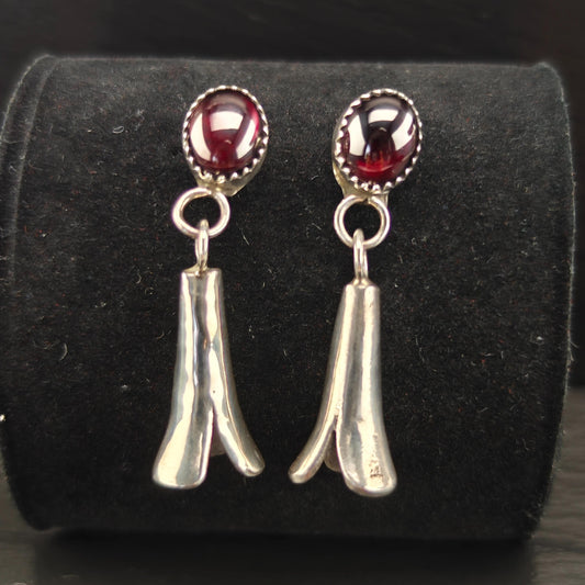 Southwest Red Dark Pyrope Garnet Squash Blossom Stud/Dangle Earrings Sterling Silver
