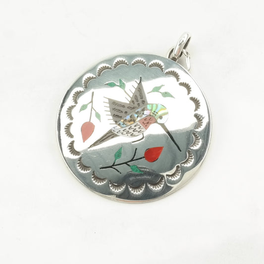 Native American Abalone, Onyx, Coral Inlay, Hummingbird Sterling Silver Pendant