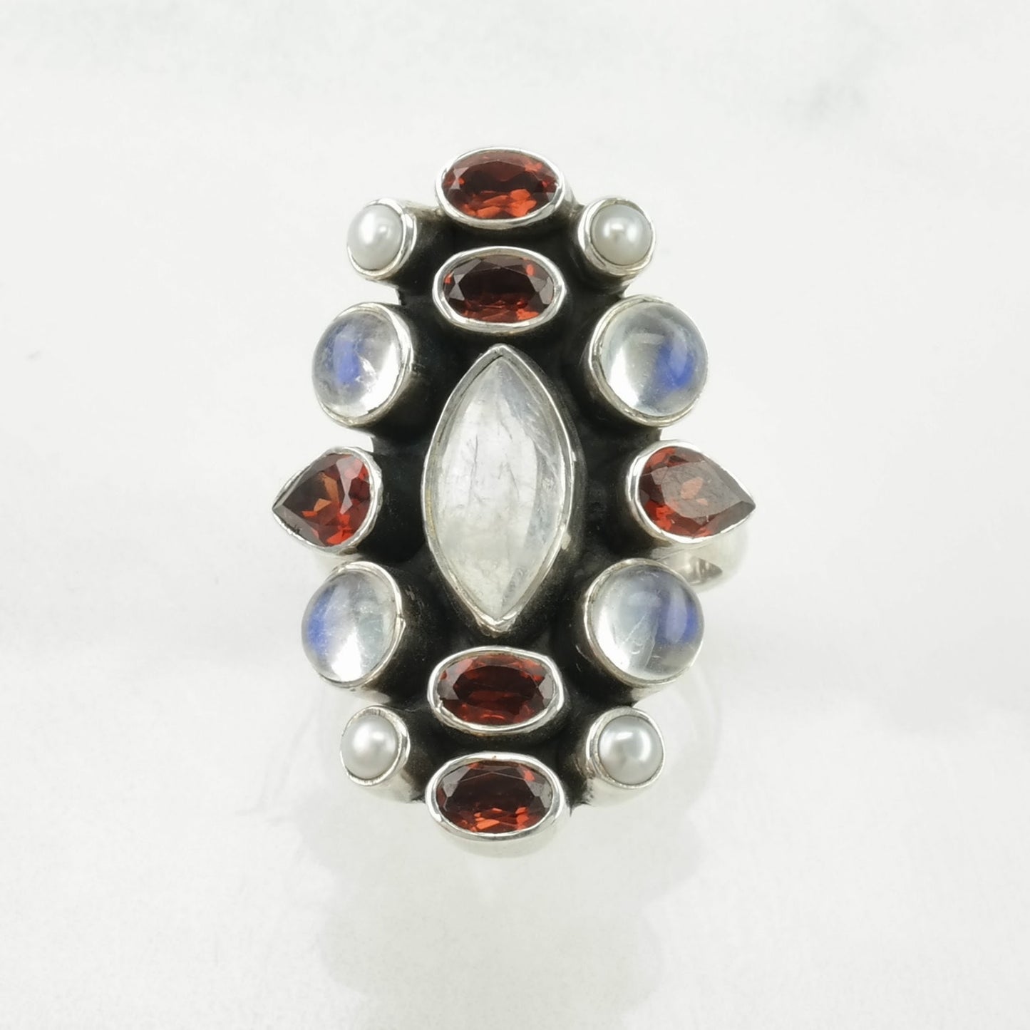 Nicky Butler Silver Ring Moonstone, Garnet Cluster Sterling Size 7 1/4