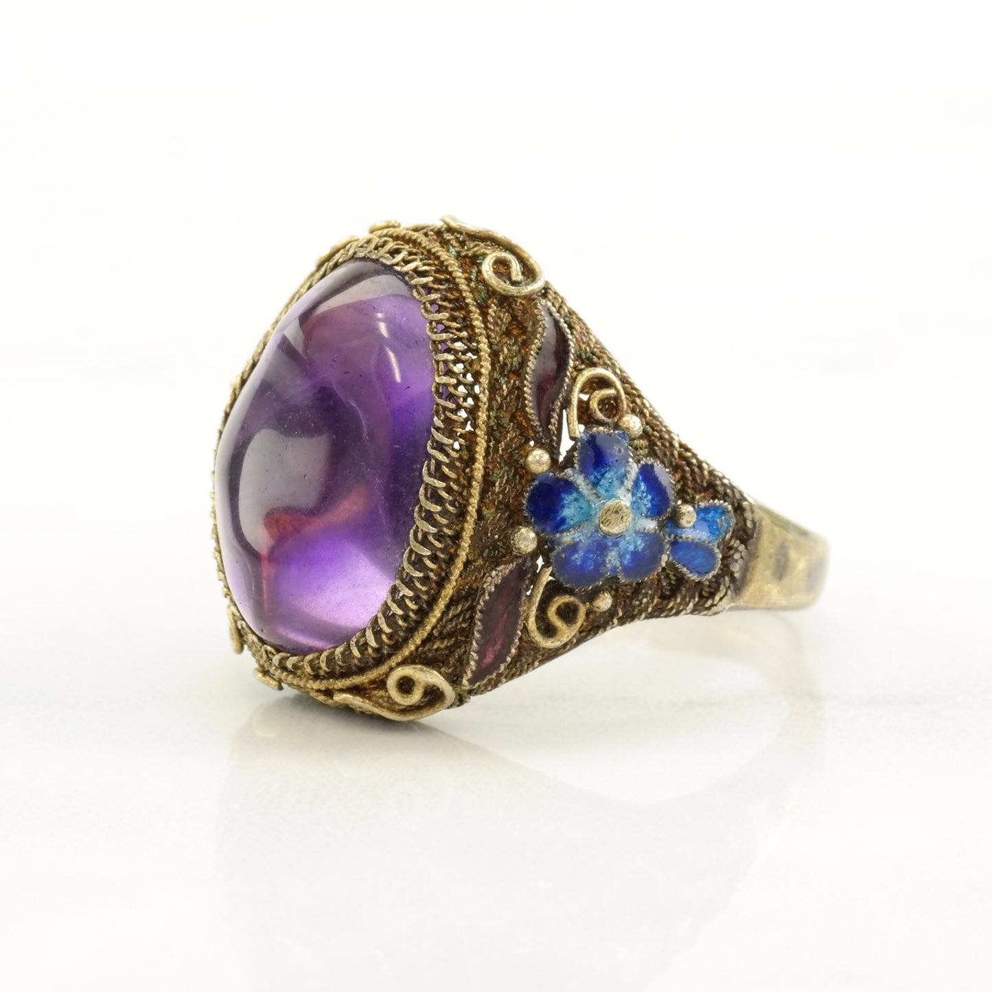 Sterling Silver Ring Amethyst Enamel, Flower, Gold Tone Size 9 1/2