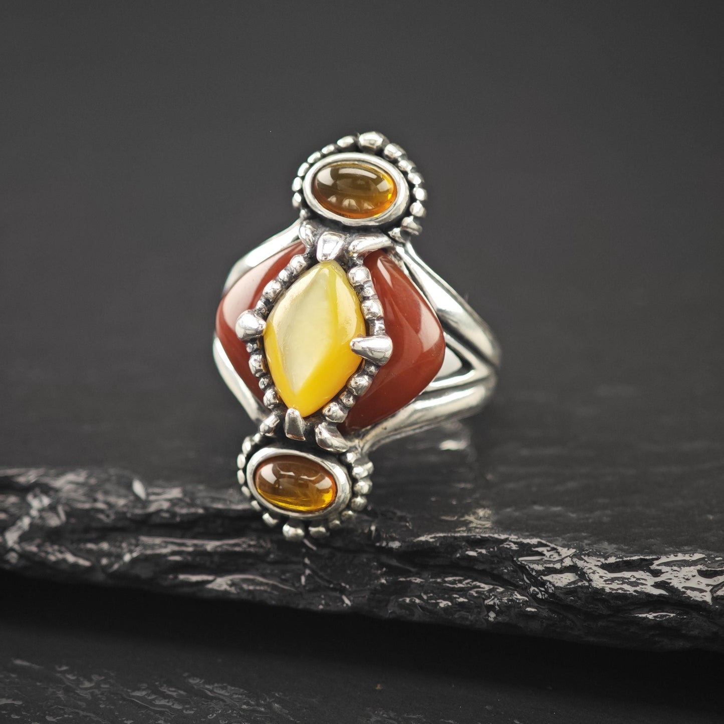 Carolyn Pollack Golden MOP, Carnelian, Amber Ring Sterling Silver