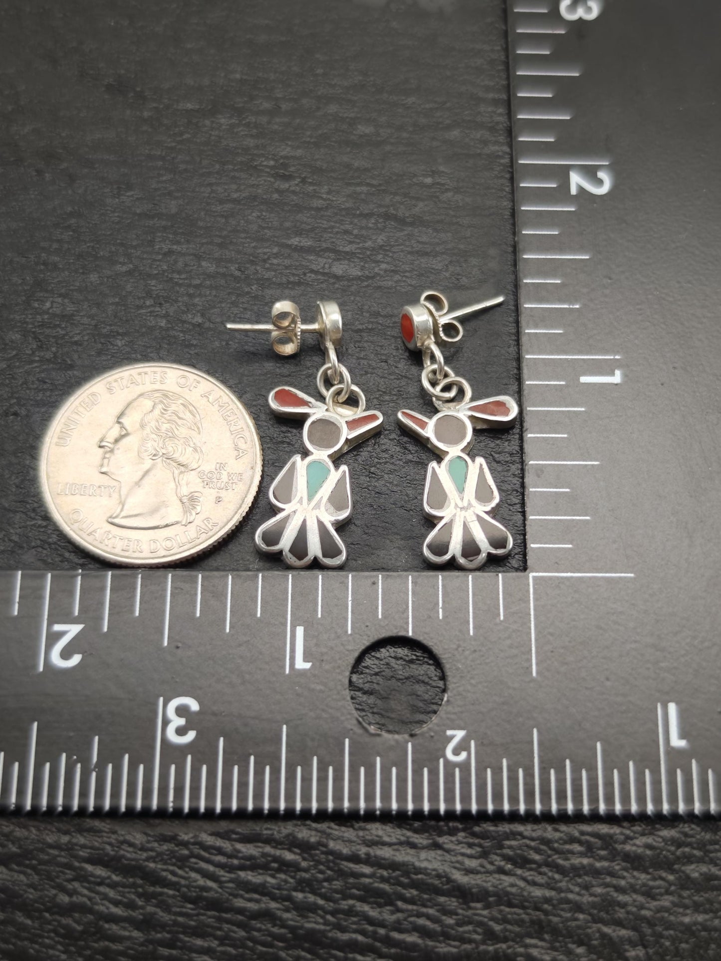 Zuni, Native American Inlay, Turquoise, Coral, Jet Thunderbird Stud/Dangle Earrings Sterling Silver