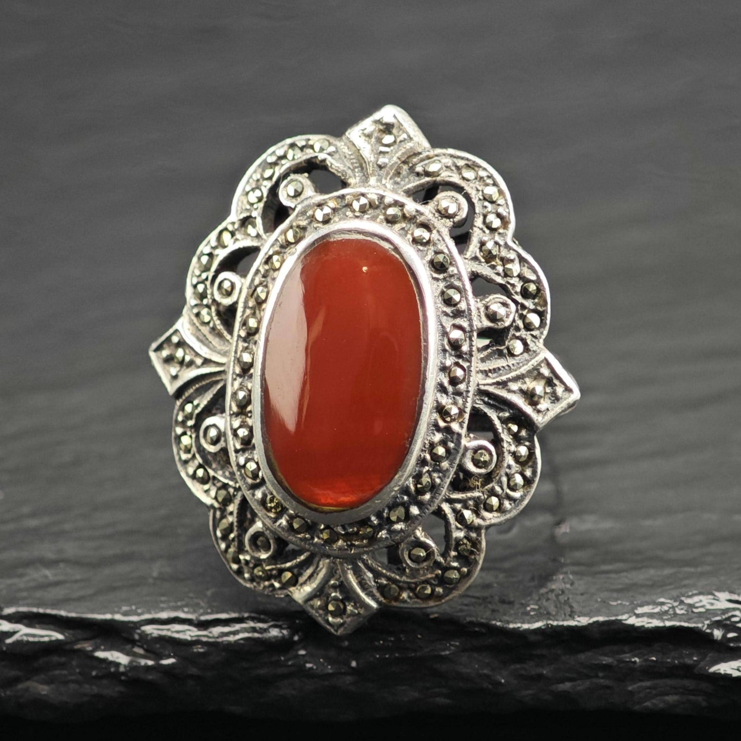 Large Art Deco Style Carnelian Cabochon Sterling Silver Ring Sz 9 1/4 R6706