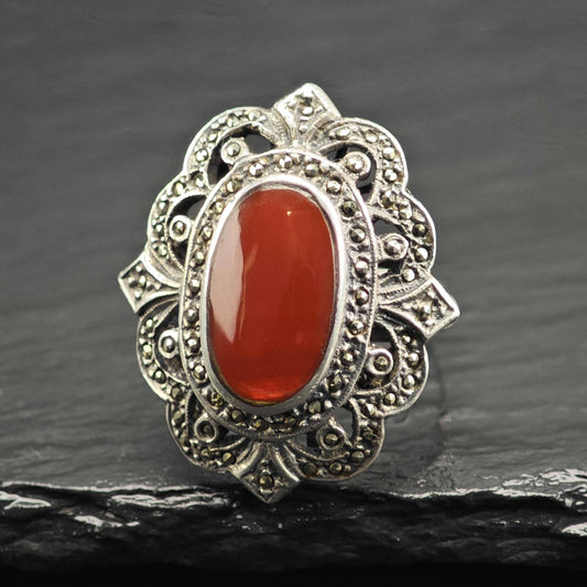 Large Art Deco Style Carnelian Cabochon Sterling Silver Ring Sz 9 1/4 R6706