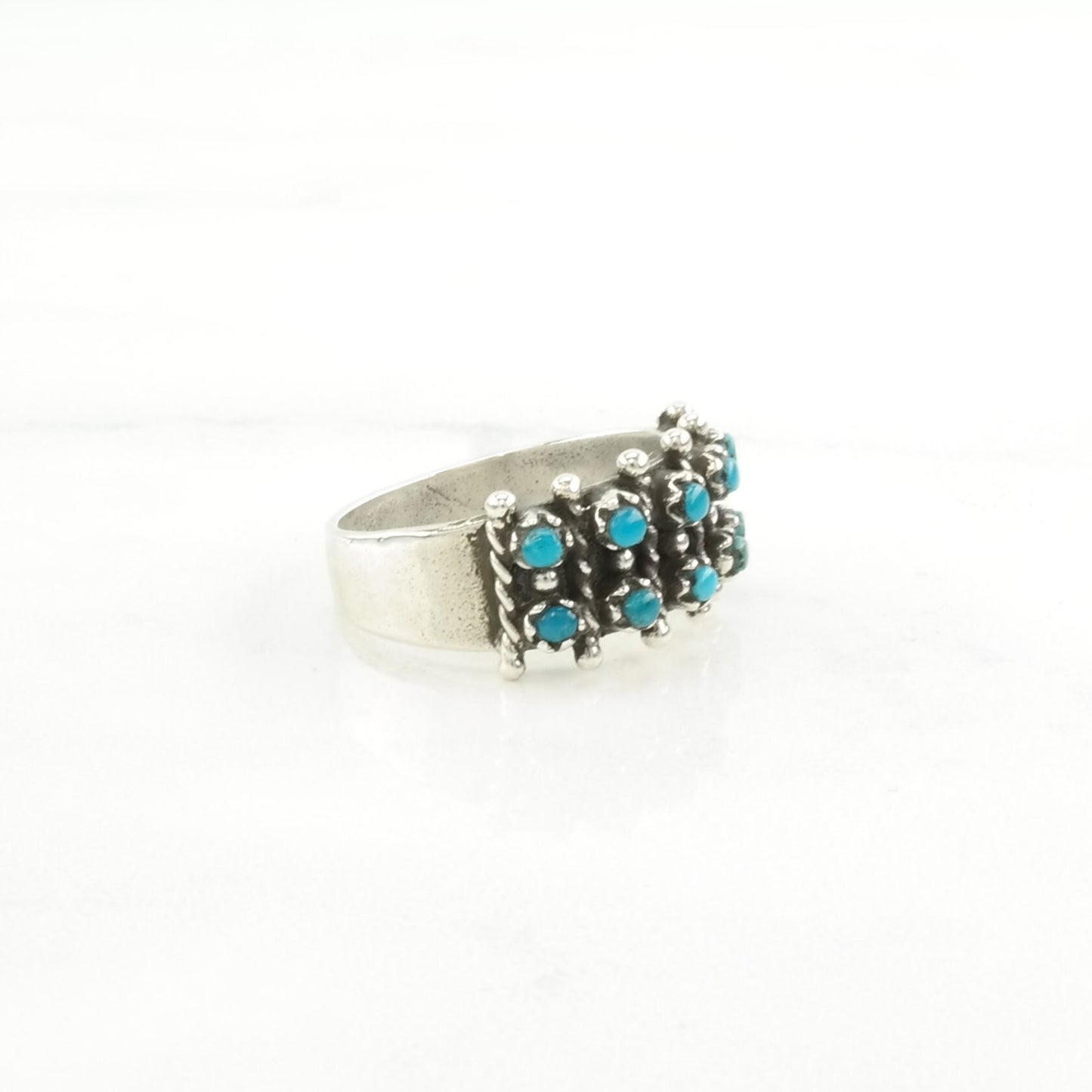 Southwest Silver Ring Turquoise Two Row Sterling Blue Size 6 3/4