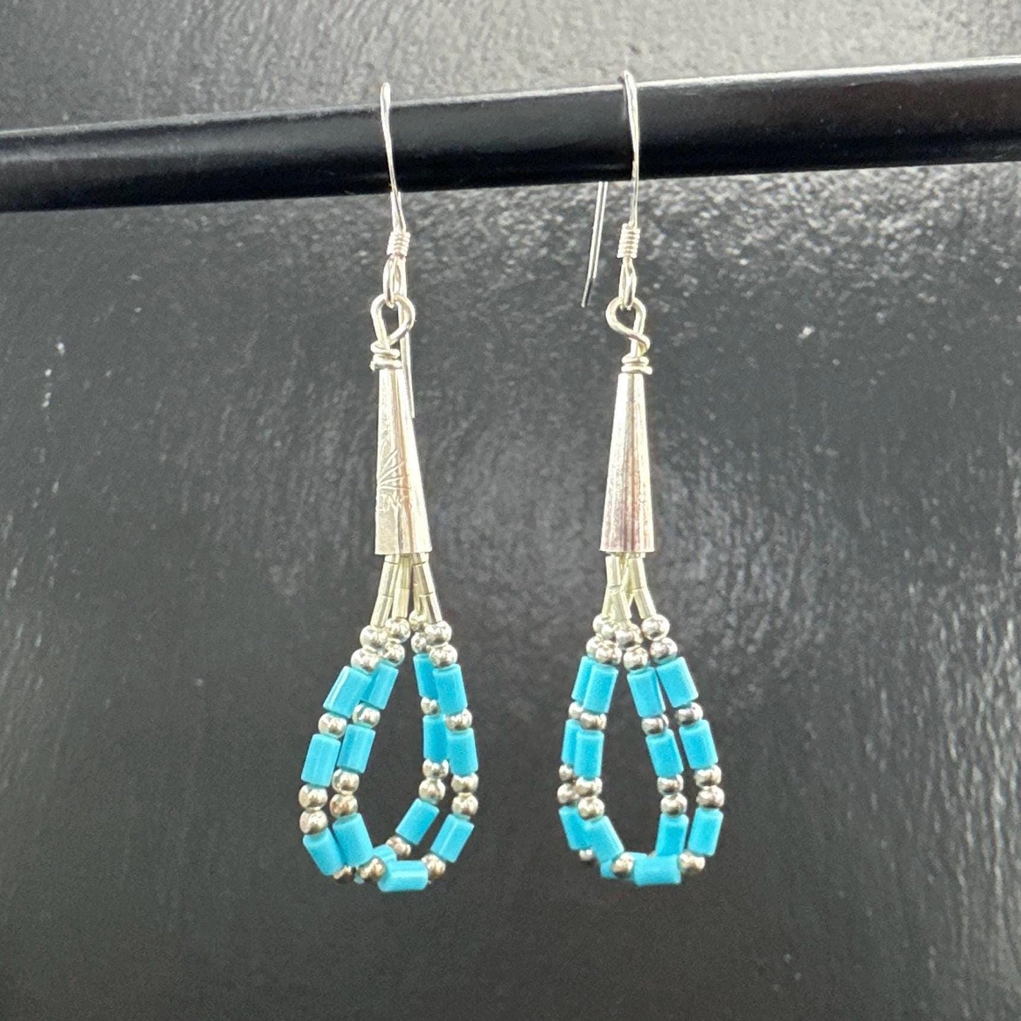 Southwestern Blue Block Liquid Turquoise Bead Earrings Sterling Silver Dangle Fish Hook
