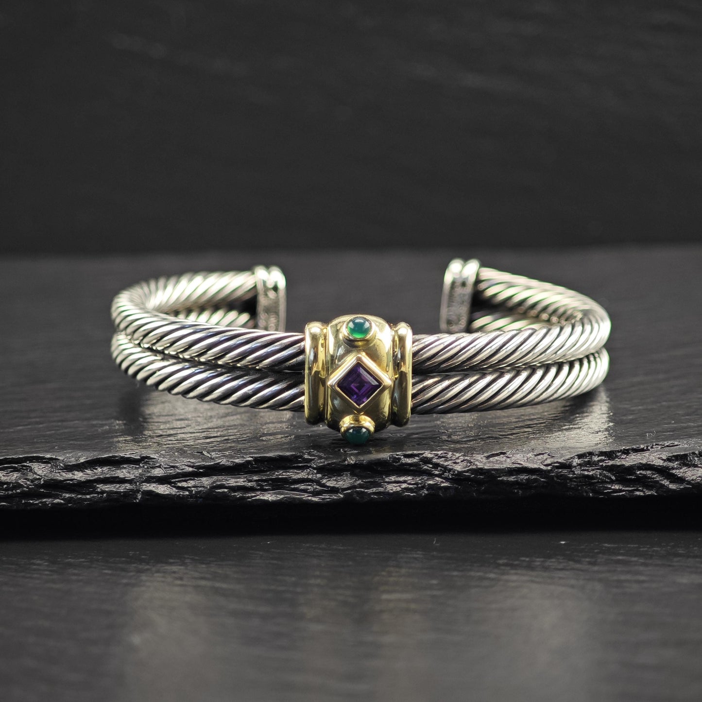 David Yurman Renaissance Cuff Bracelet 10mm 14K Gold Accent Sterling Silver Amethyst