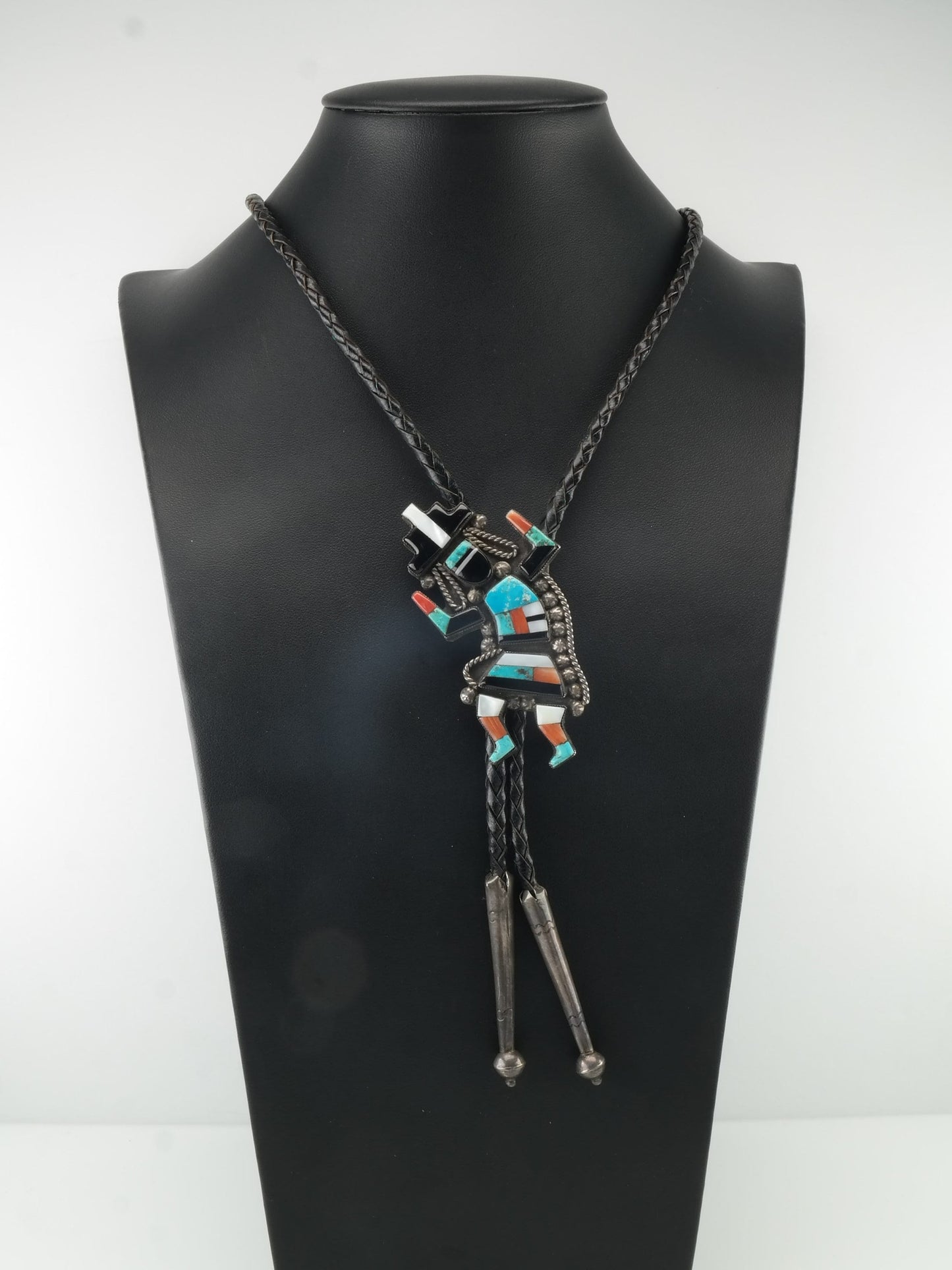 Zuni Turquoise Inlay Rain Dancer Bolo Tie Necklace Sterling Silver