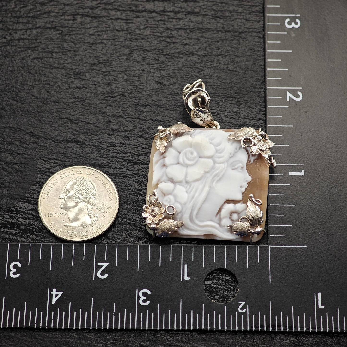 Vintage Italy Made Cameo Floral Pendant Sterling Silver