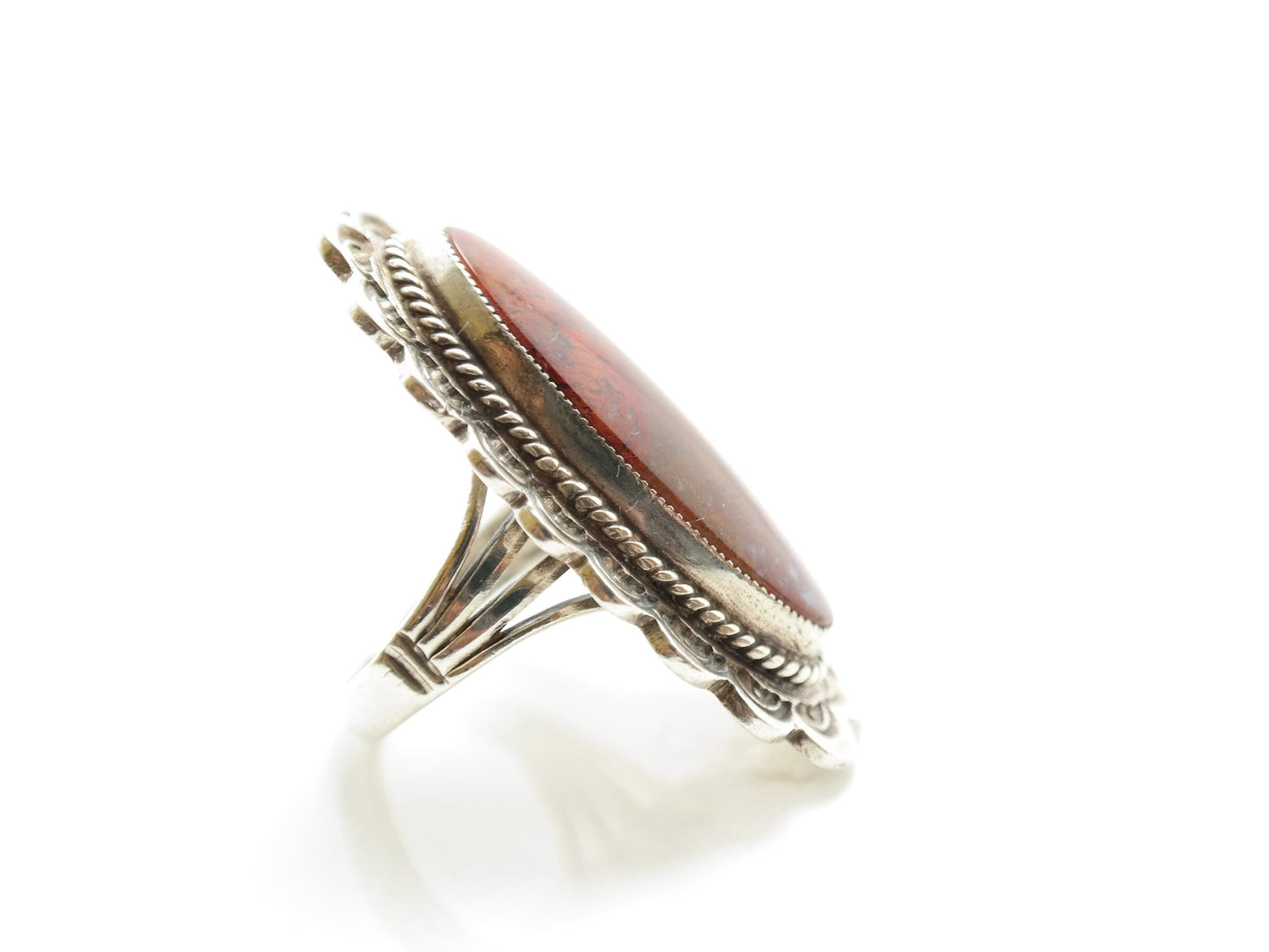 Vintage Native American Agate Ring Sterling Silver Scallop Size 8 1/4