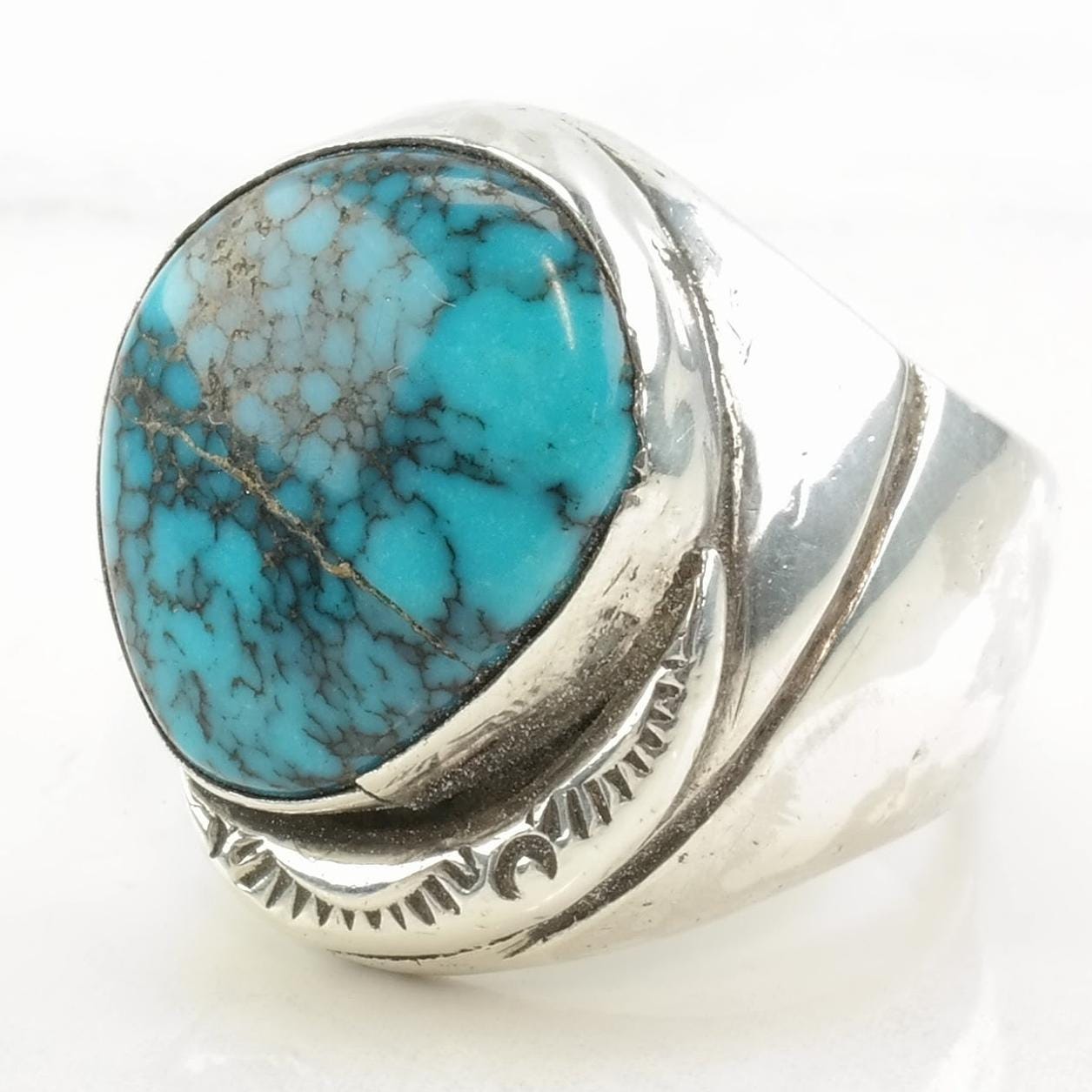 Vintage Native American Silver Ring Lone Mountain Spiderweb Turquoise Hairline Crack Sterling Size 8 1/4