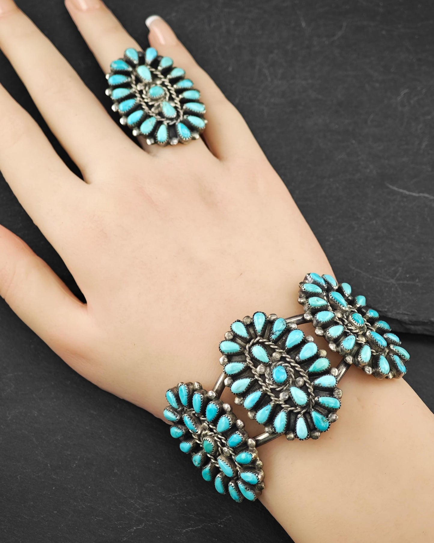 Native American Turquoise Cluster, Squash Blossom Necklace, Cuff, Earrings, Ring Set Sterling Silver
