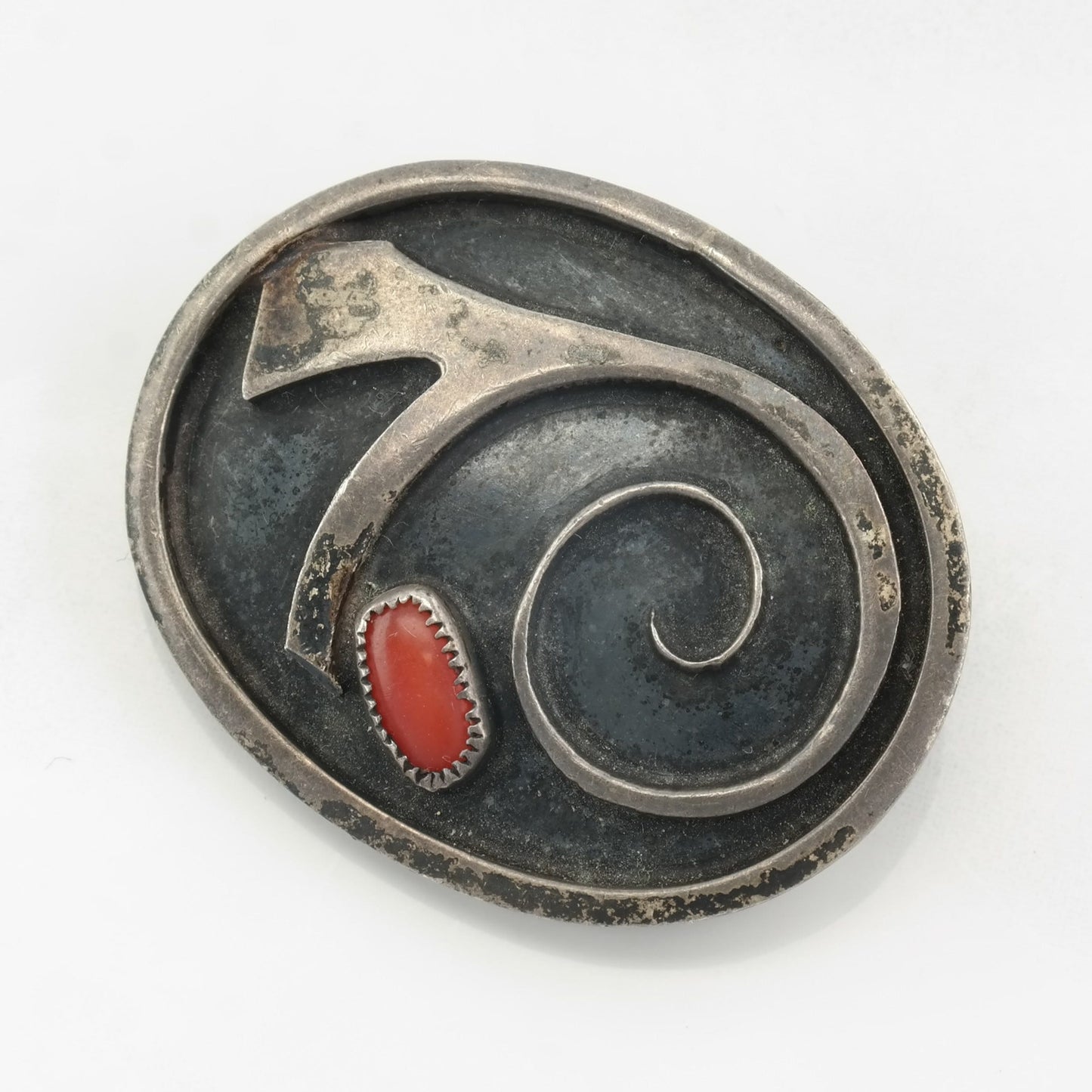 Native American Brooch Abstract, Overlay Red Coral Sterling Silver