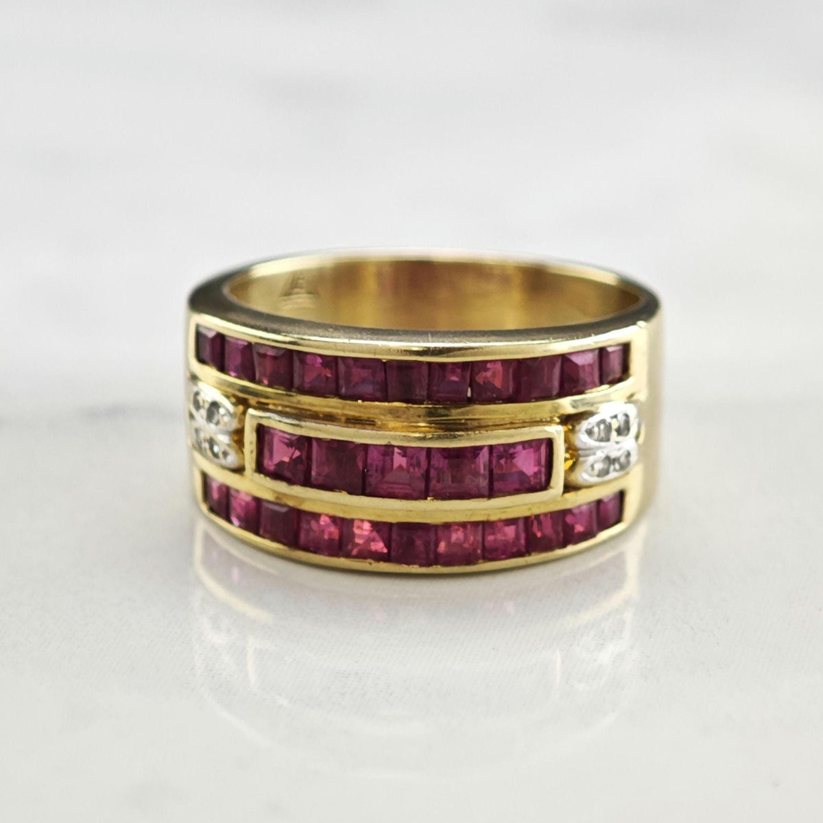 Natural Ruby & Diamond 14K Gold Wide Band Ring Sz 6 3/4 R6789