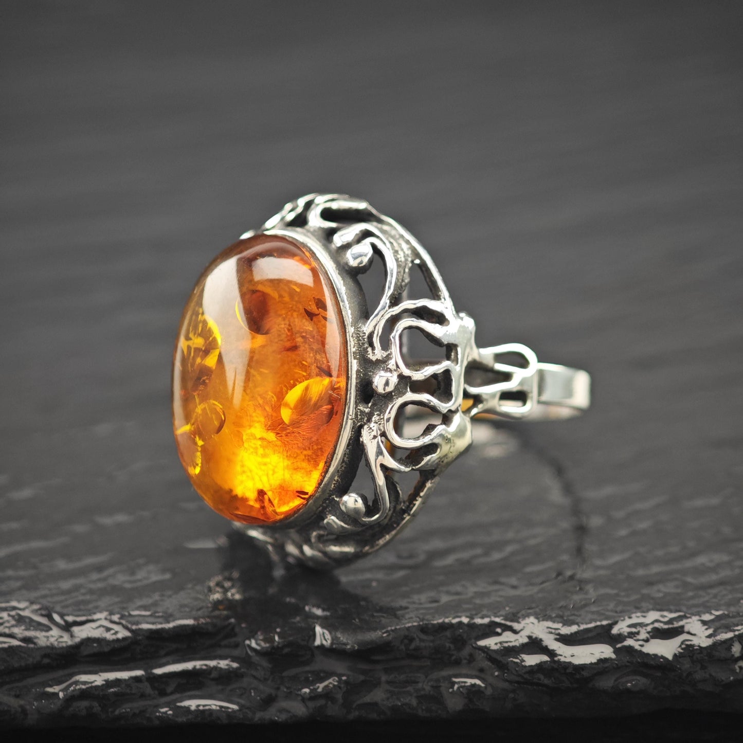 European Dome Amber Ring Sterling Silver Sz 9 1/4