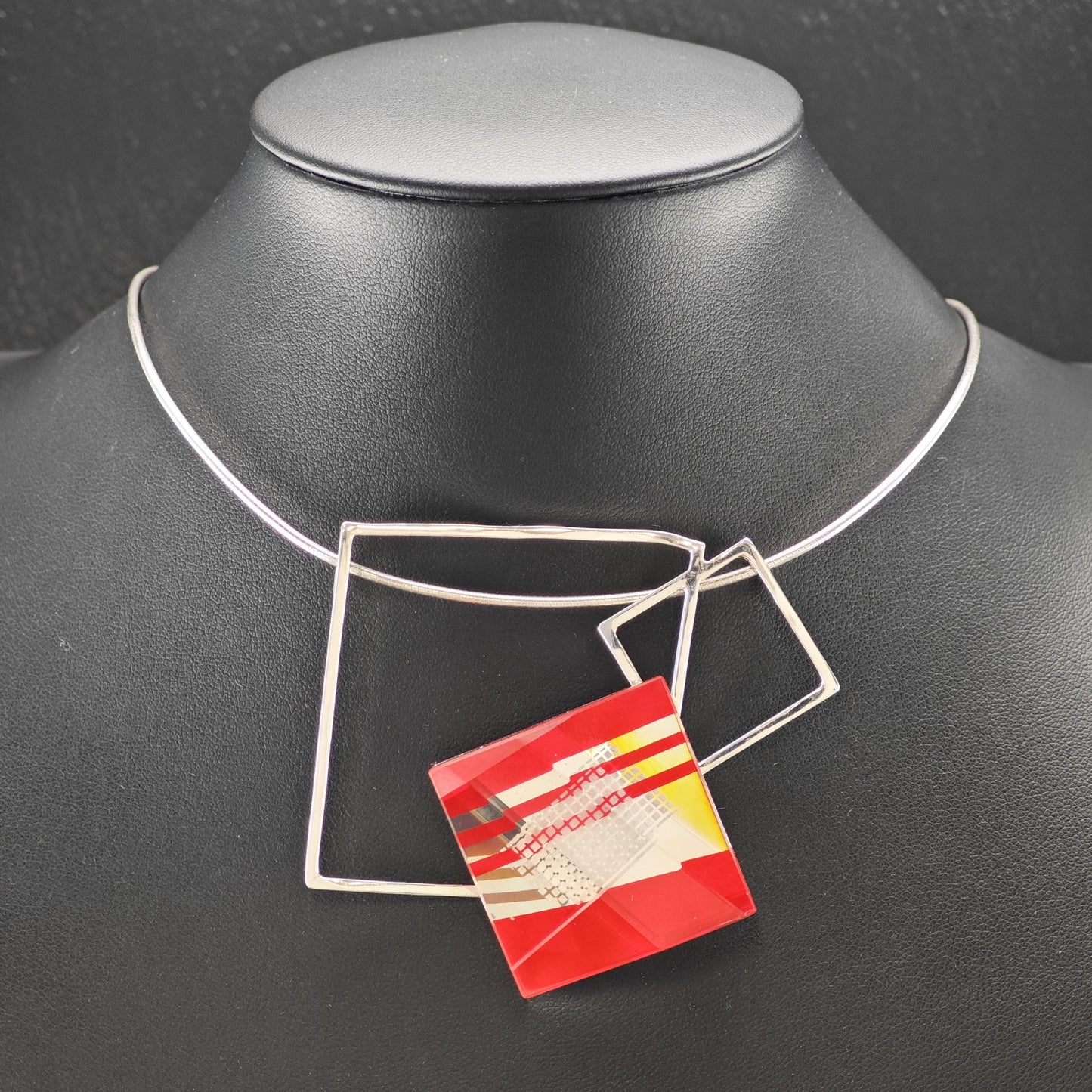 Pavel Novak Sterling Silver Red Glass Abstract, Modernist Necklace