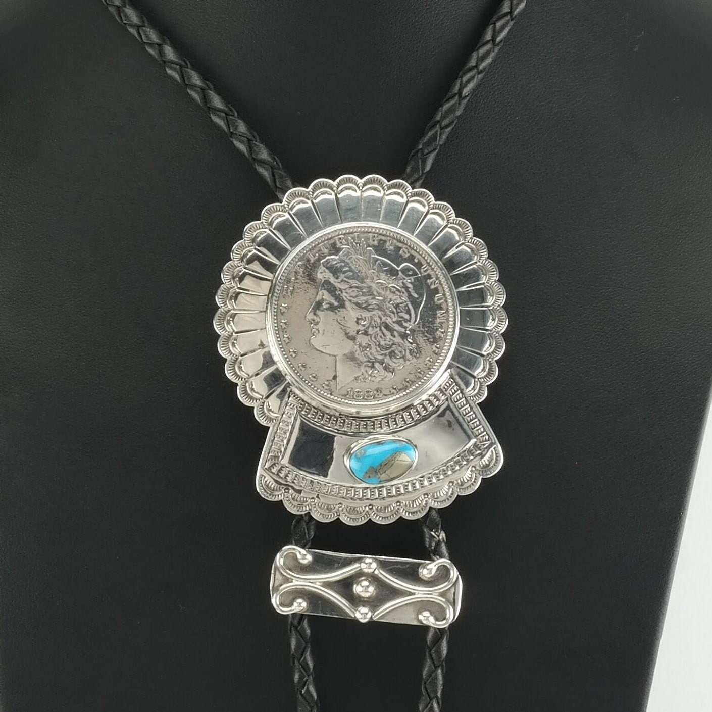 1889 Morgan Silver Dollar Bolo Tie Native American Sterling Silver Turquoise Necklace