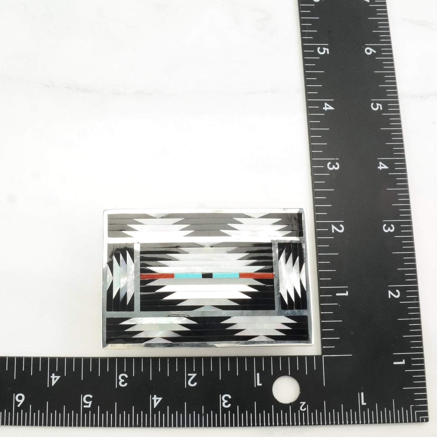 Zuni, Native American Onyx, MOP, Turquoise, Inlay, Geometric Vintage Belt Buckle