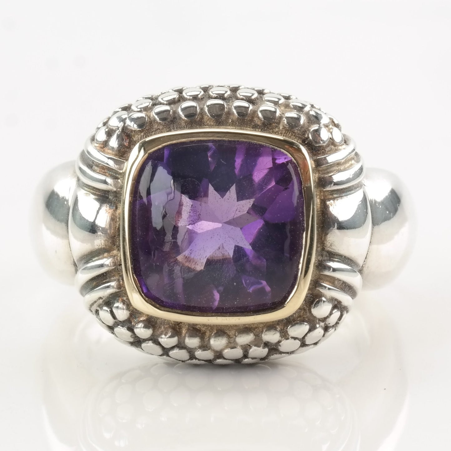 Vintage Sterling Silver & 18K Gold Ring with Purple Amethyst, Size 7.5