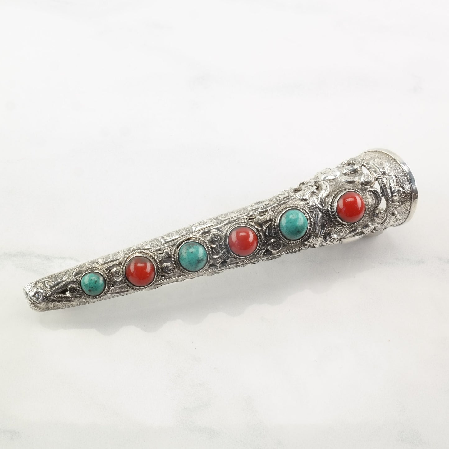 Chinese Sterling Silver Filigree Fingernail Brooch with Turquoise and Coral