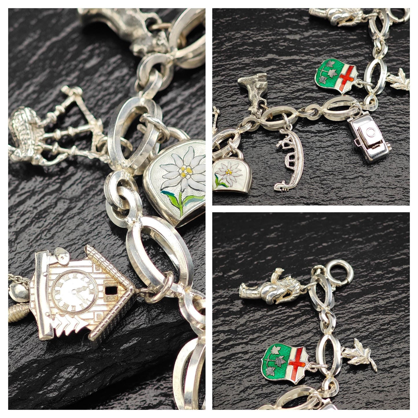 1950's 10 Charm Bracelet 1 Pewter, Enamel, Skier Sterling Silver