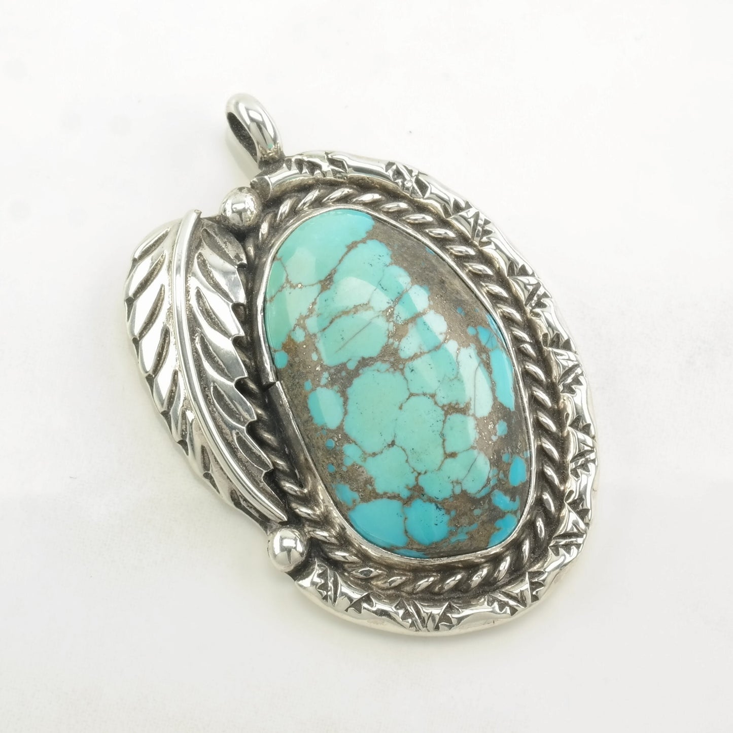 Native American Spiderweb Turquoise Feather Sterling Silver Pendant