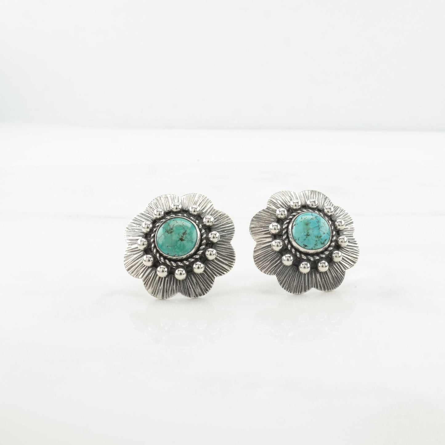 Vintage Blue Turquoise Floral Screw Back Earrings out of Sterling Silver