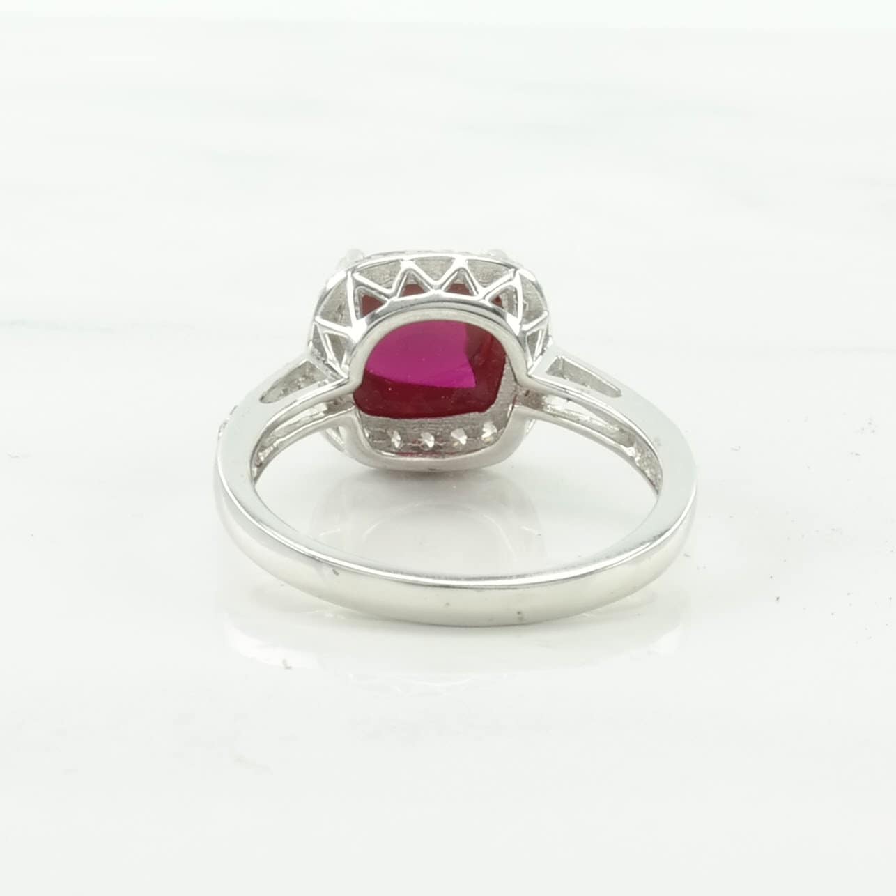 Vintage Sterling Silver Ring Created Ruby CZ Halo Pink Size 8 1/4