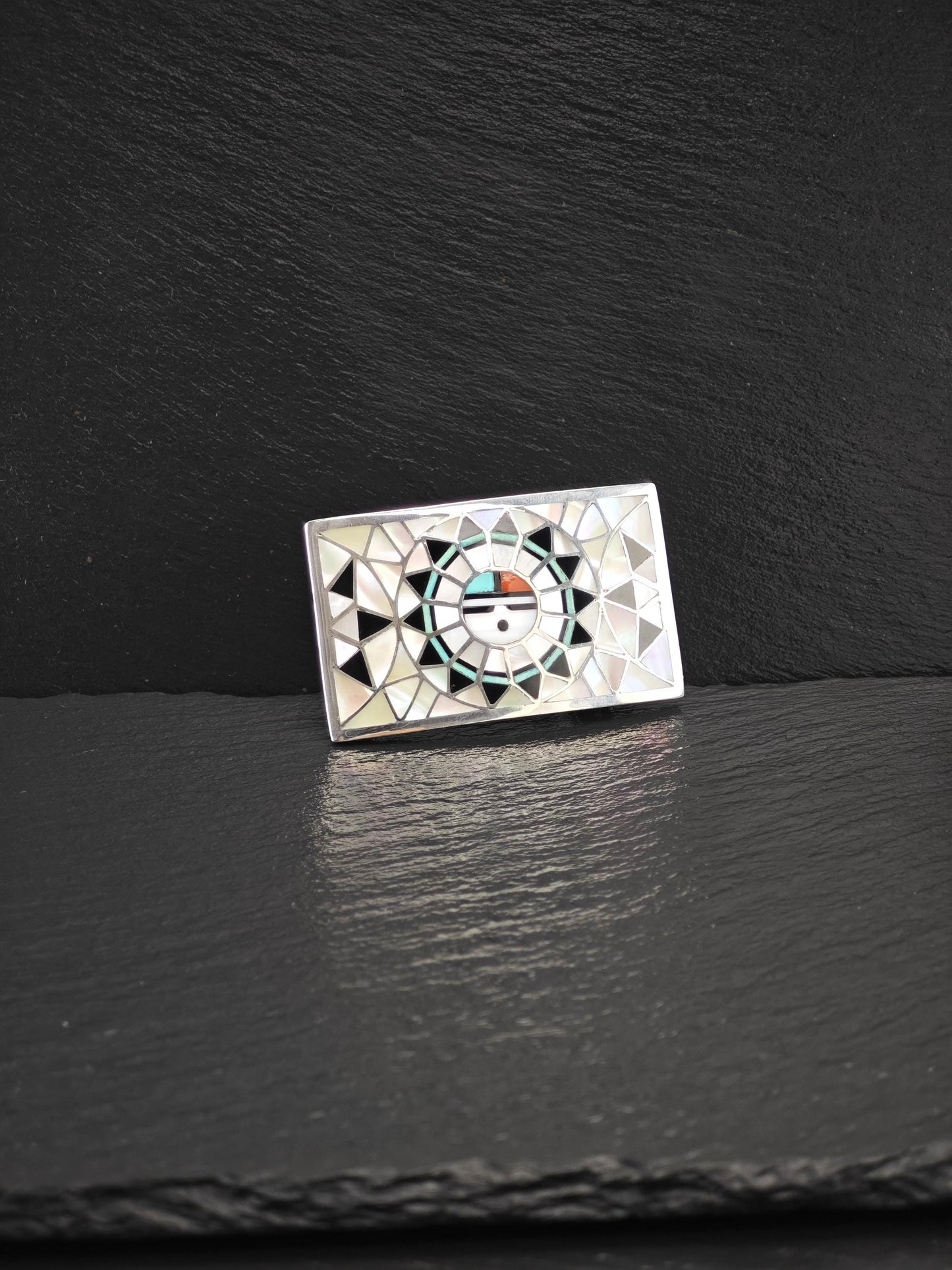 Zuni, Native American Sunface, Inlay Belt Buckle Sterling Silver