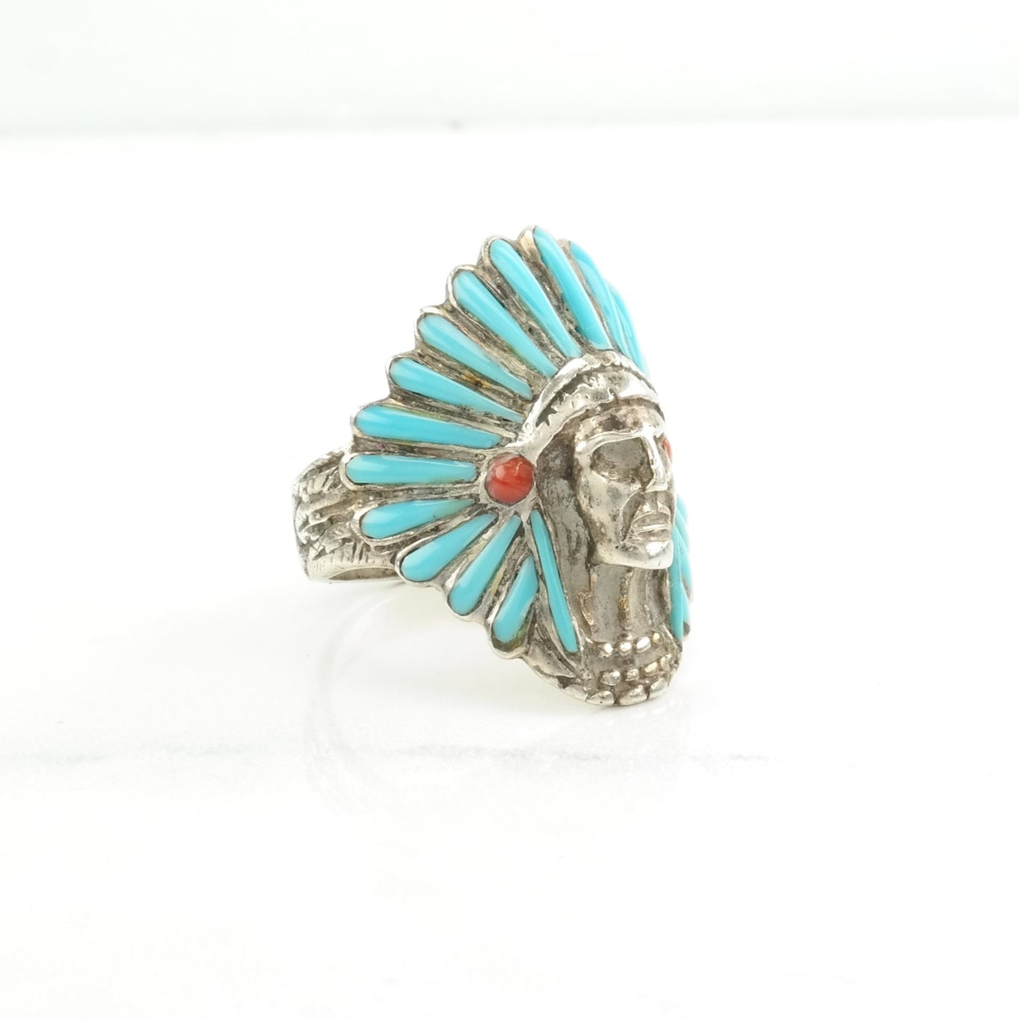 Biker Silver Ring Created Turquoise, Created Coral Headdress, Chief Sterling Blue, Red Size 11 3/4