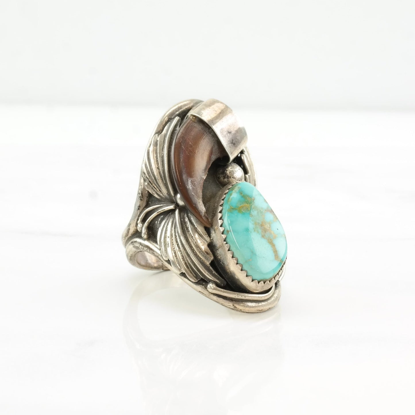 Native American Silver Ring Turquoise Leaf Sterling Size 11