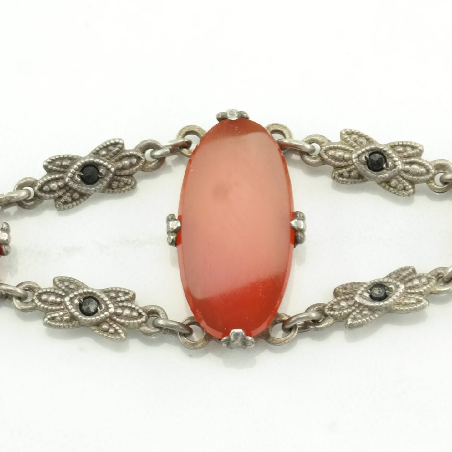 Vintage Art Deco Sterling Silver Link Bracelet Red Carnelian