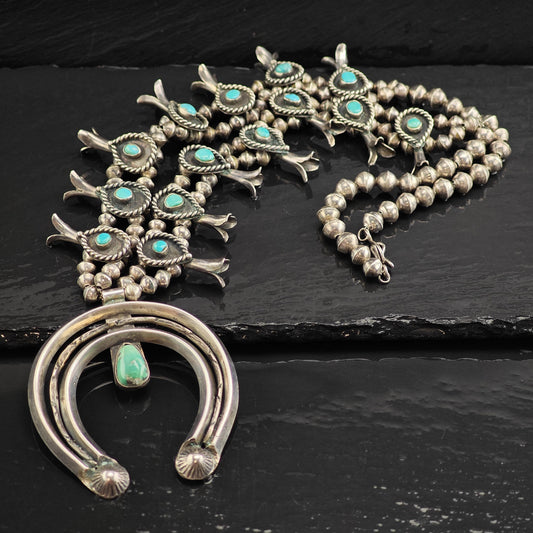 Vintage Navajo Turquoise Sterling Silver Squash Blossom Necklace N2729