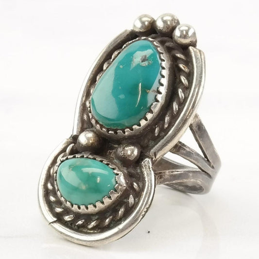 Vintage Native American Silver Ring Turquoise Double Stone Sterling Size 7 1/2