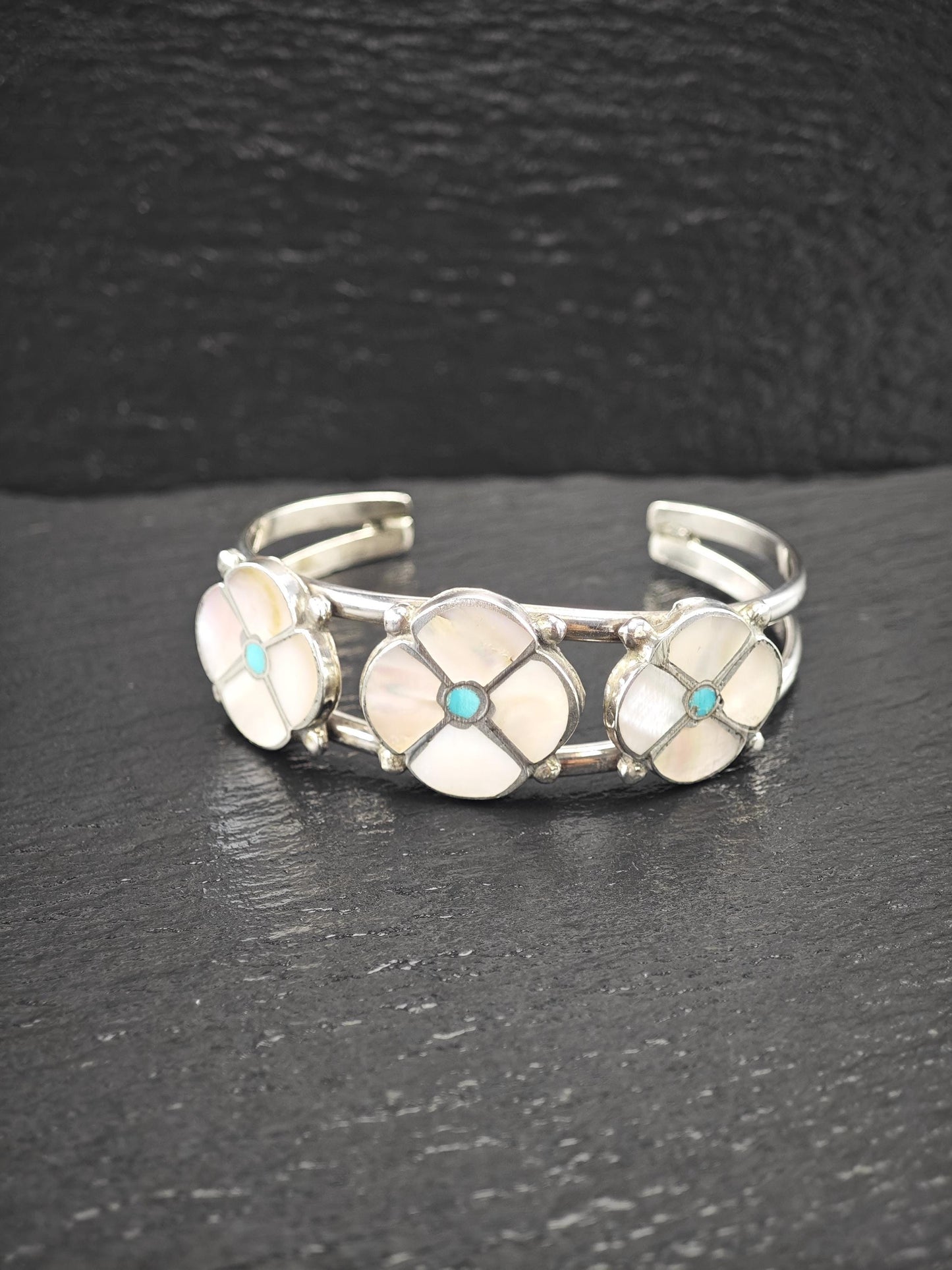 Zuni, Native American, Flower Inlay Cuff Bracelet Sterling Silver