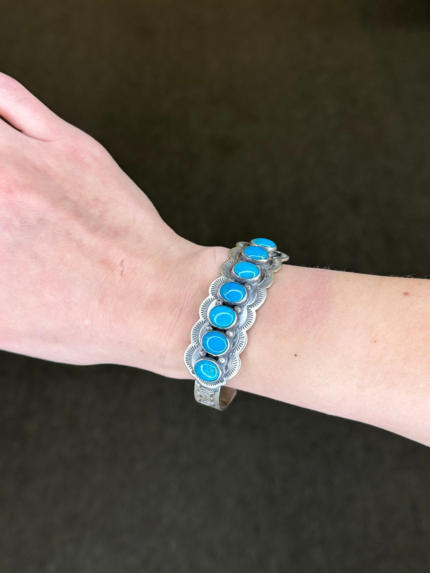 Native American Sterling Silver Cuff Bracelet Turquoise Cluster