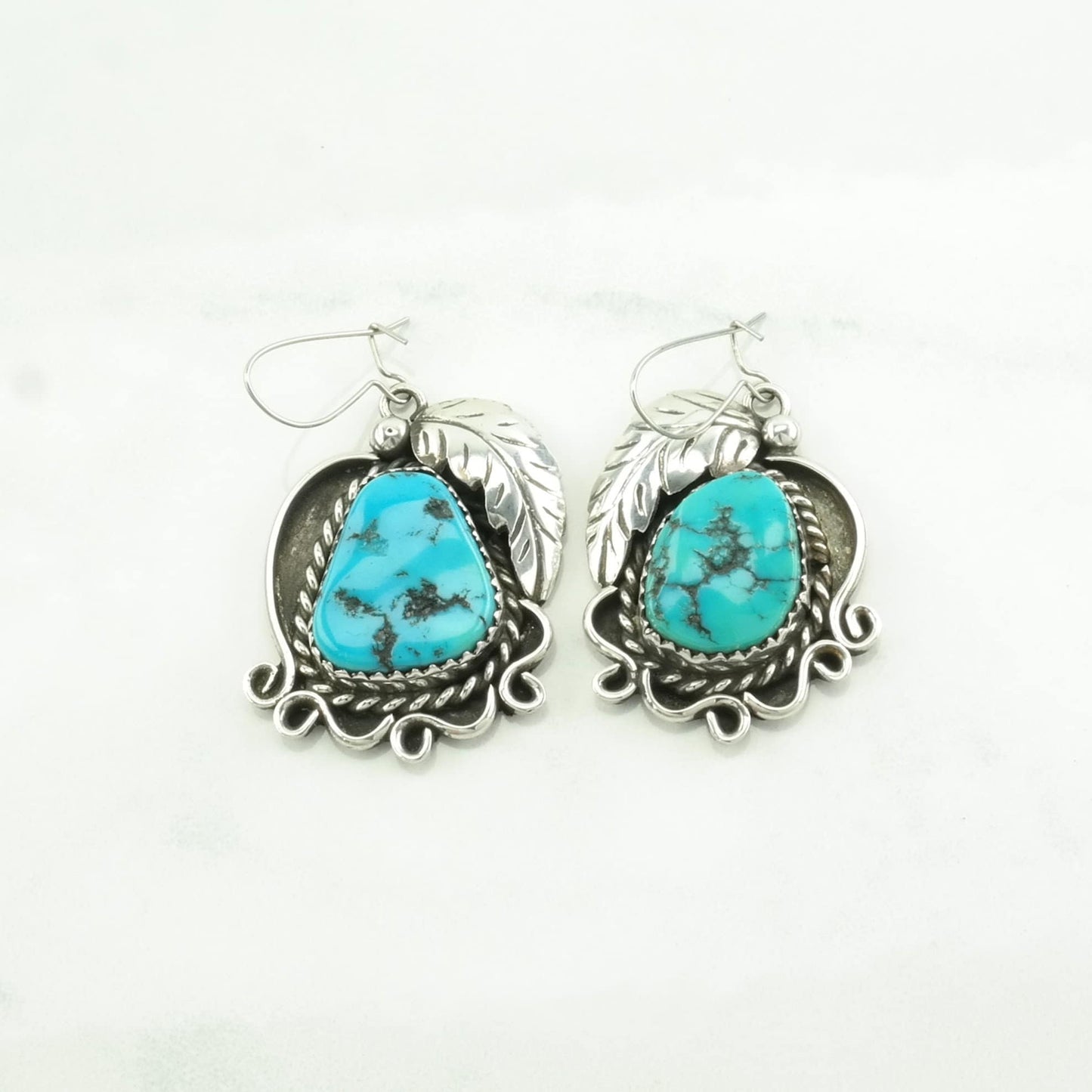 Vintage Sterling Silver Fish Hook/Dangle Earrings Native American Blue Turquoise Leaf