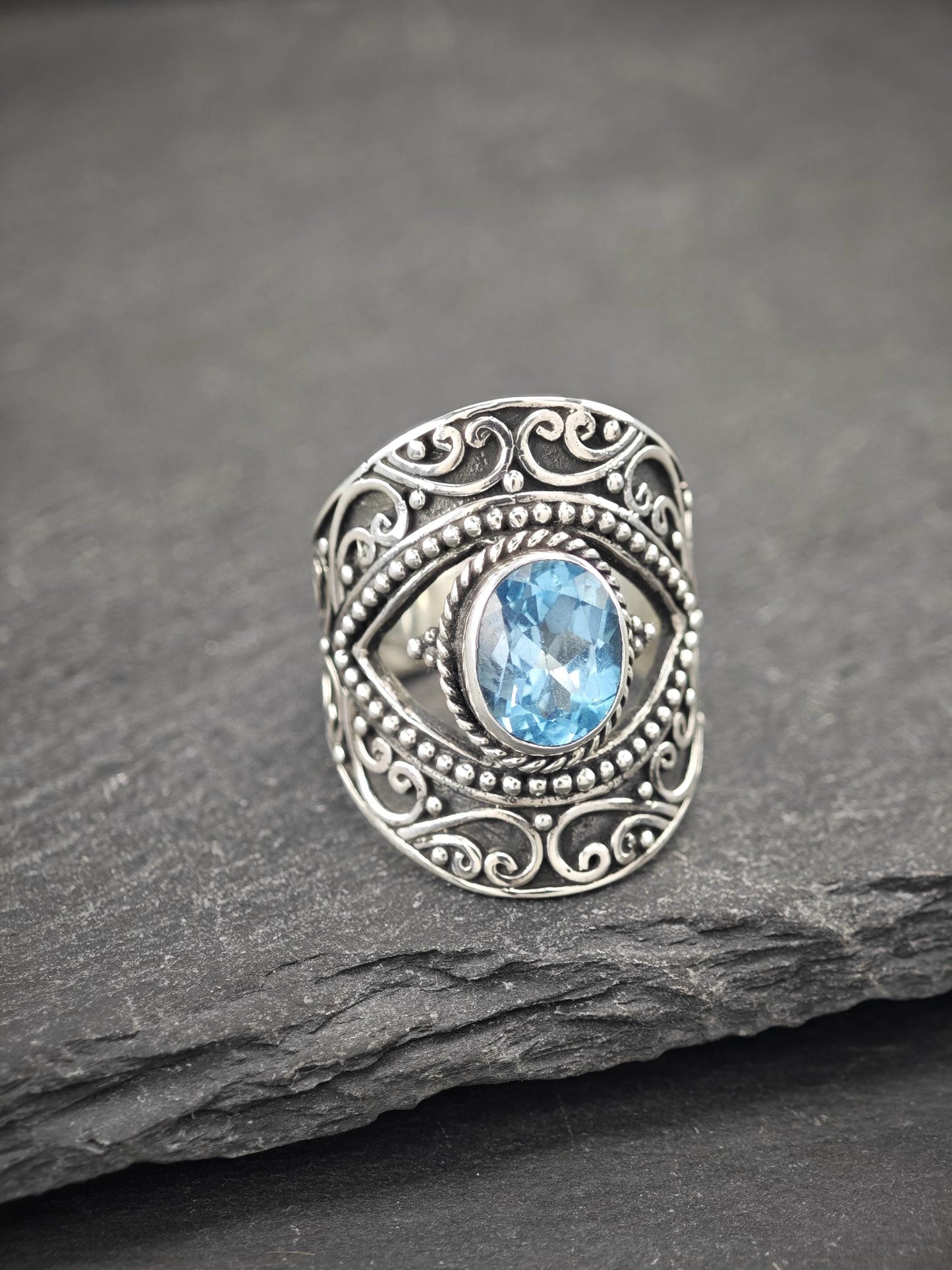 Vintage Topaz, Filigree Ring Sterling Silver